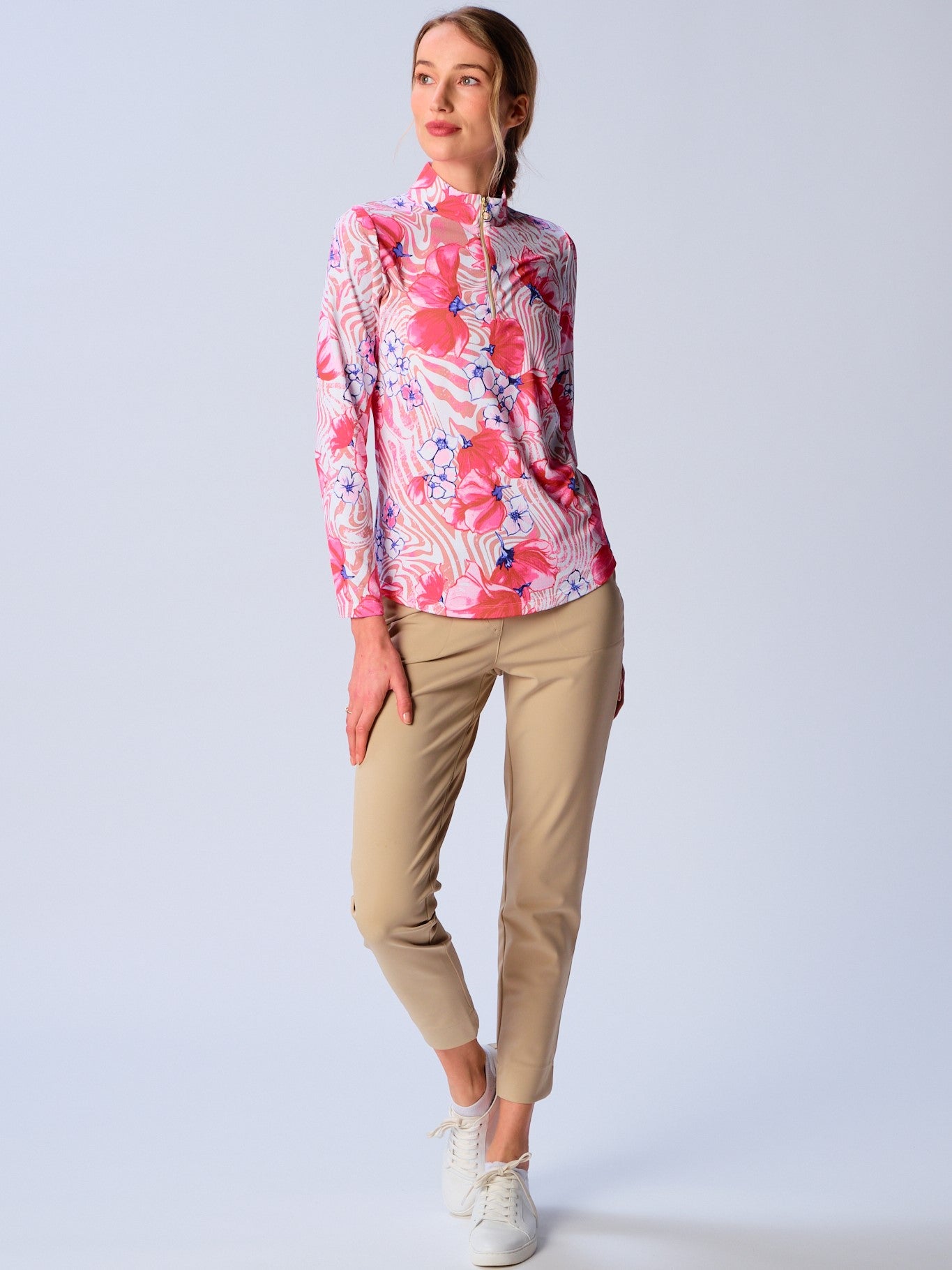 Quarter Zip Sun Protection Top In Beige Zebra - Image 3