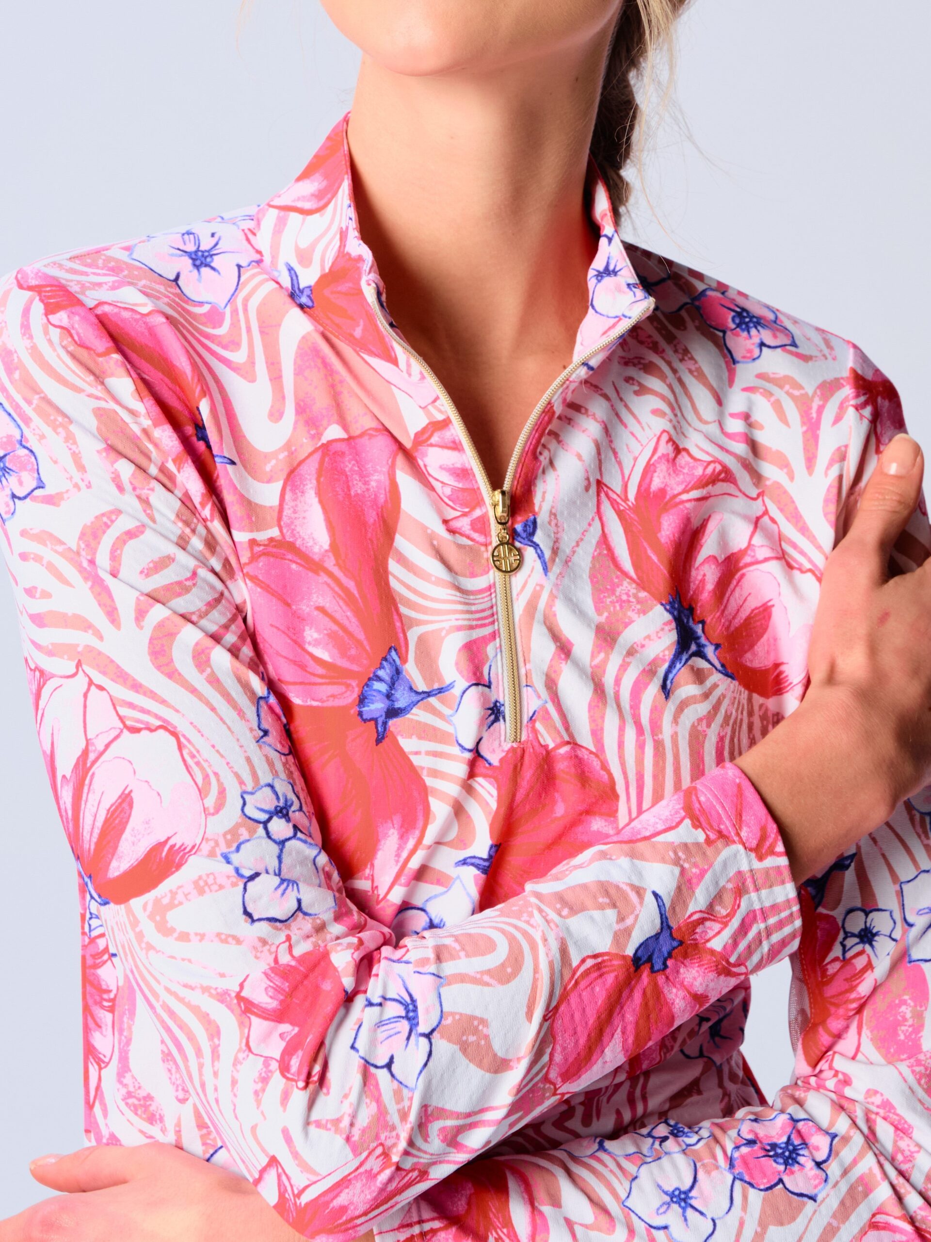 Quarter Zip Sun Protection Top In Beige Zebra - Image 2
