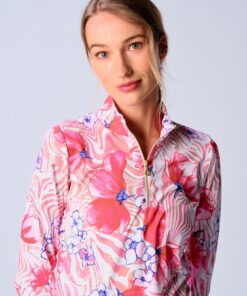 Quarter Zip Sun Protection Top in Beige Zebra