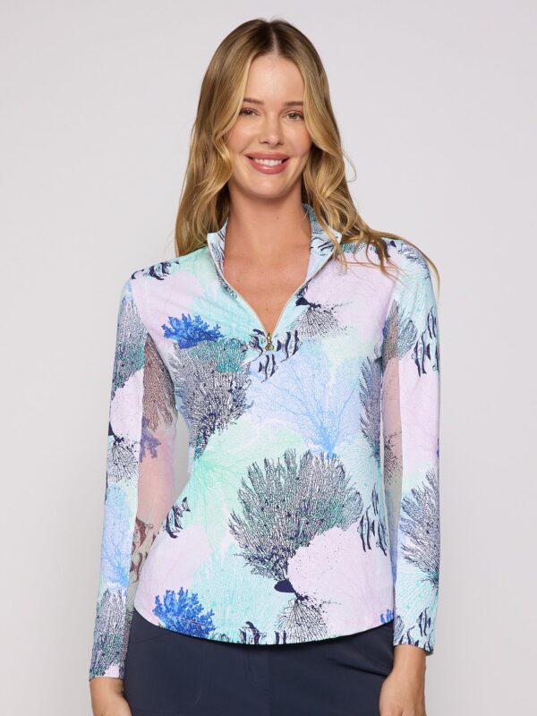 Quarter Zip Sun Protection Top In Blue Coral - Image 2