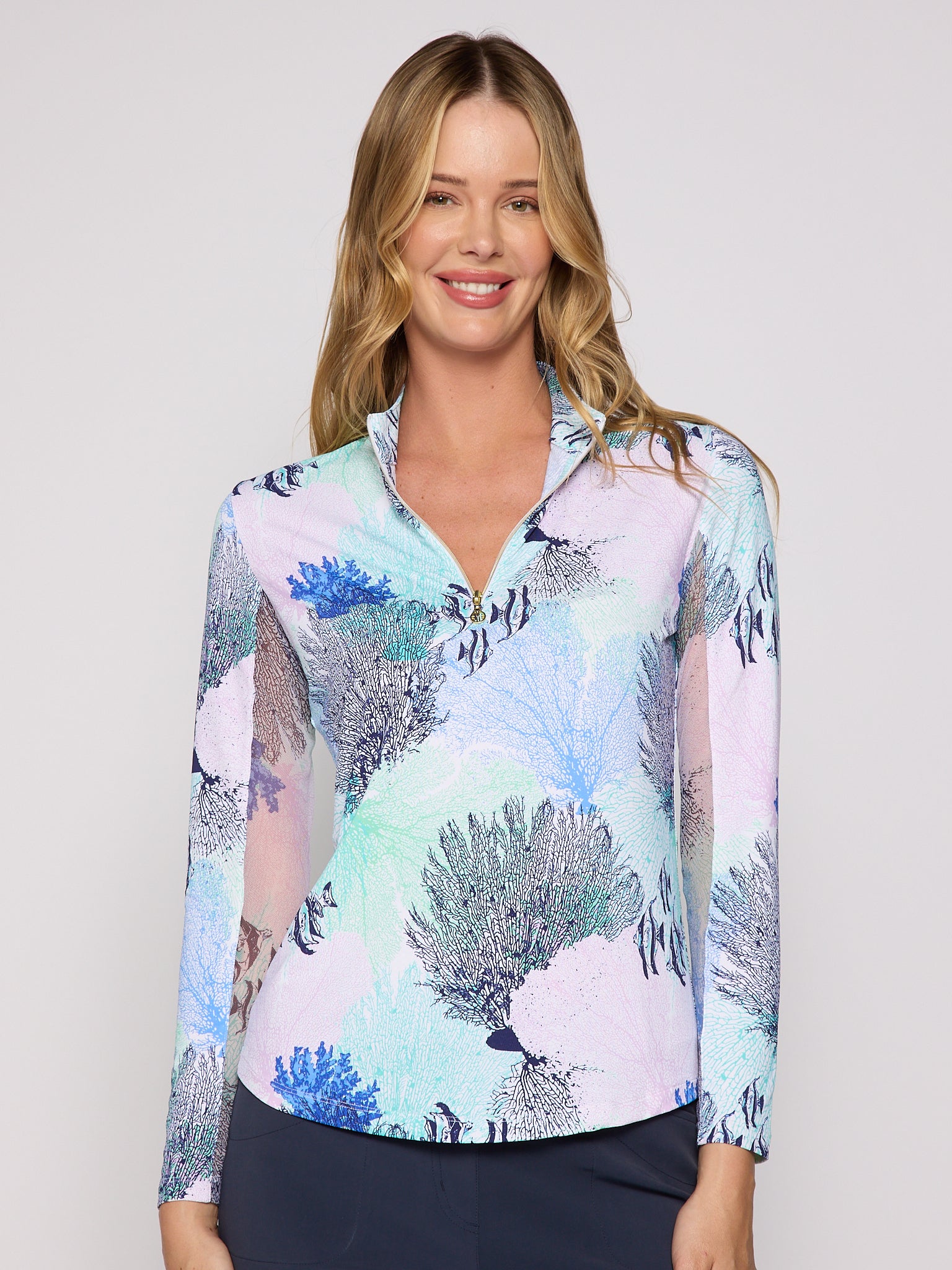 Quarter Zip Sun Protection Top In Blue Coral - Image 2