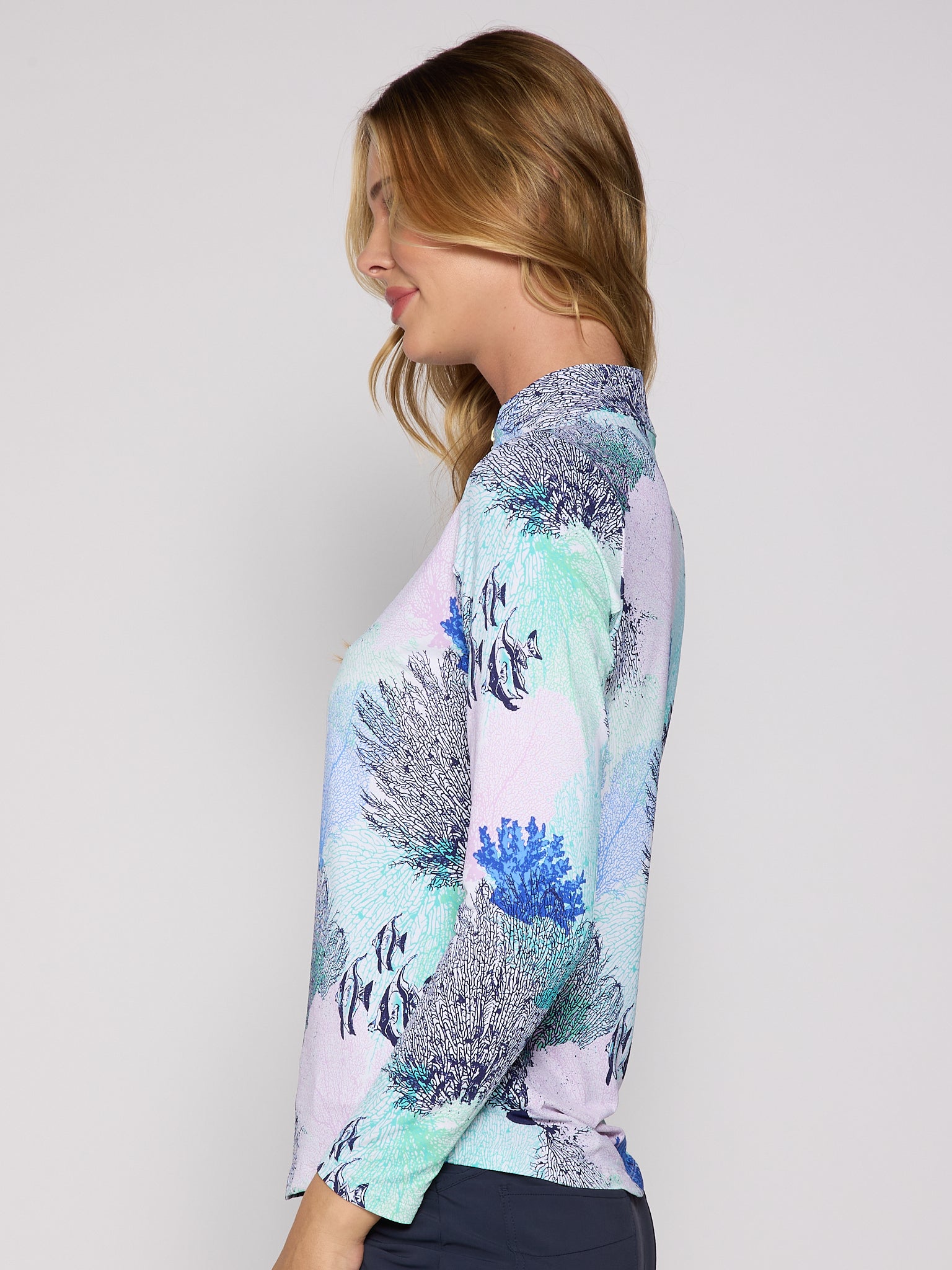 Quarter Zip Sun Protection Top In Blue Coral - Image 3