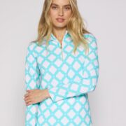 Quarter Zip Sun Protection Top In Circle Geo Caribbean Turquoise