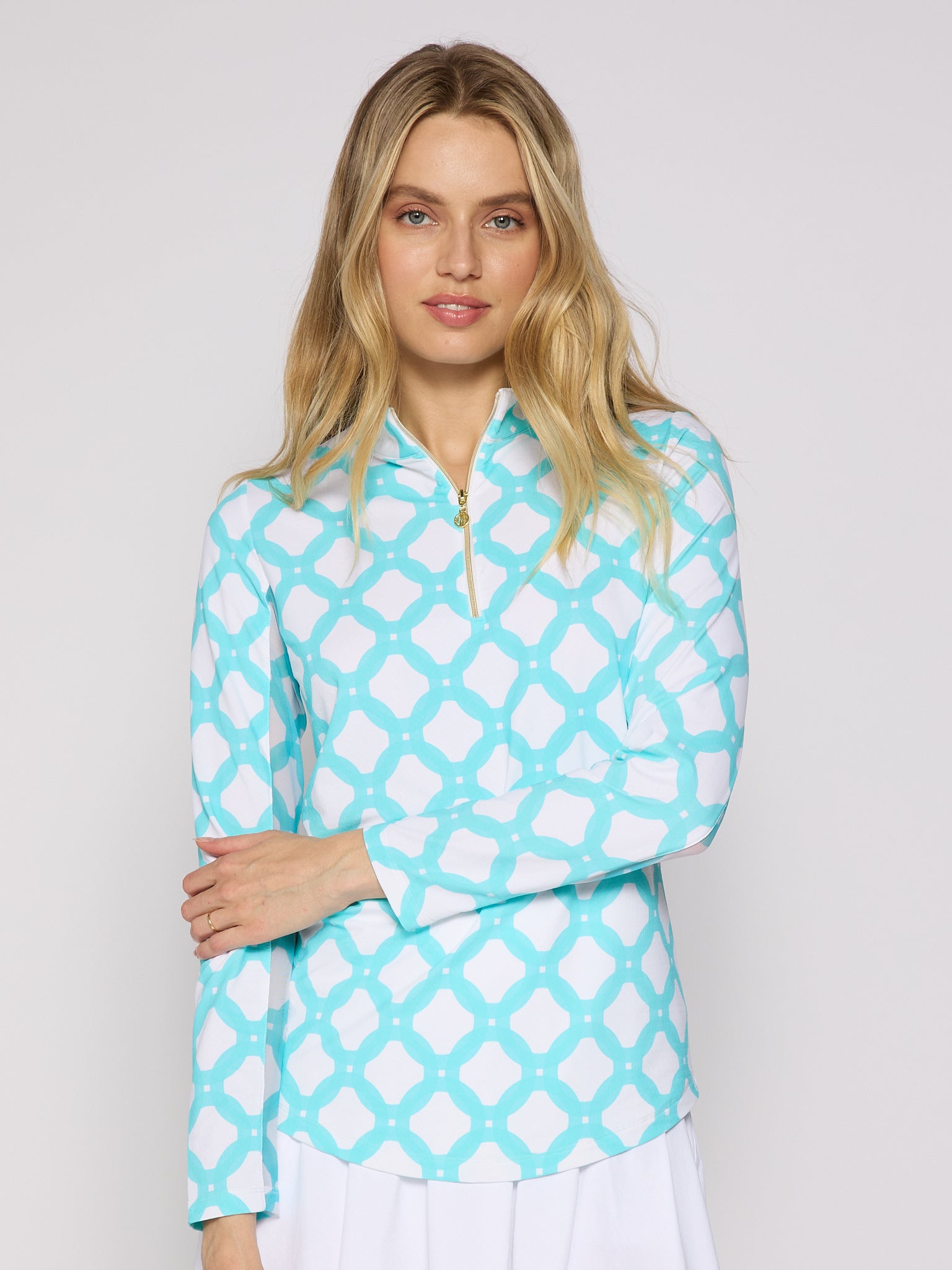 Quarter Zip Sun Protection Top In Circle Geo Caribbean Turquoise