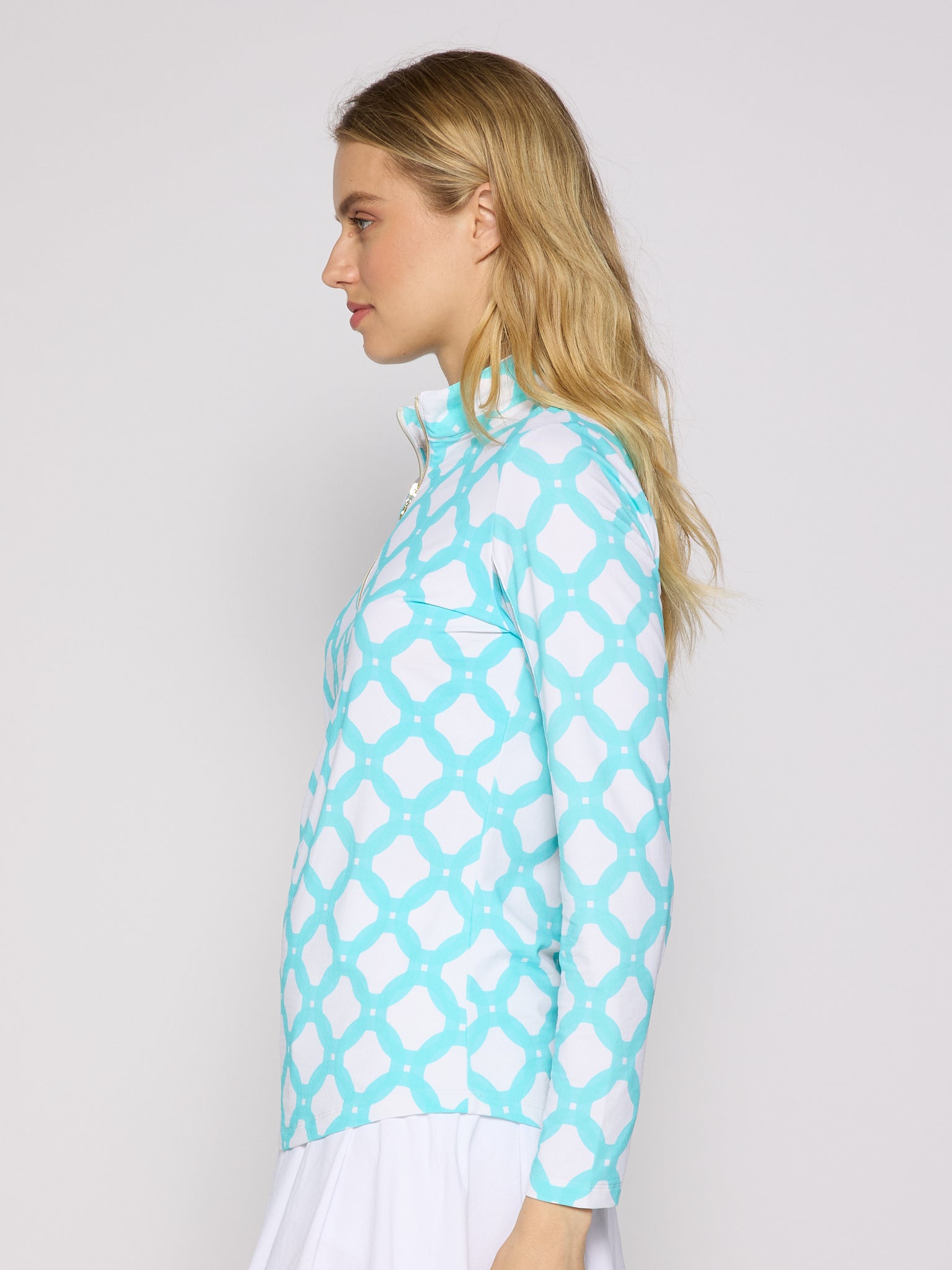 Quarter Zip Sun Protection Top In Circle Geo Caribbean Turquoise - Image 2