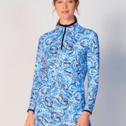 Color Block Trim Quarter Zip Long Sleeve Top In Mandala Blue