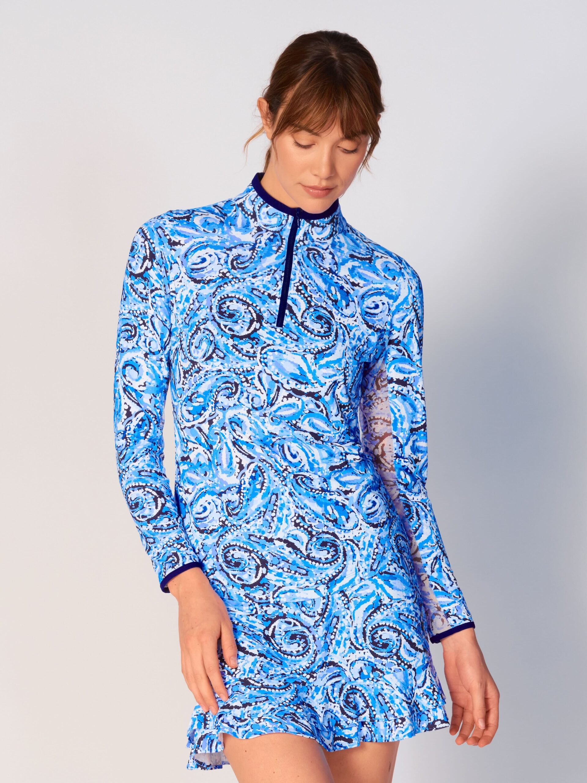 Color Block Trim Quarter Zip Long Sleeve Top In Mandala Blue - Image 2