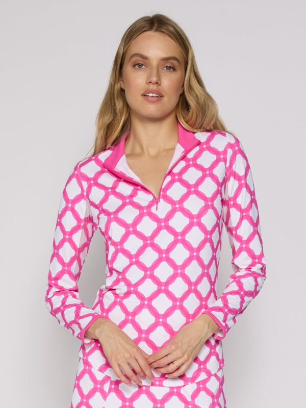 Color Block Trim Quarter Zip Long Sleeve Top In Circle Geo Hot Pink - Image 2