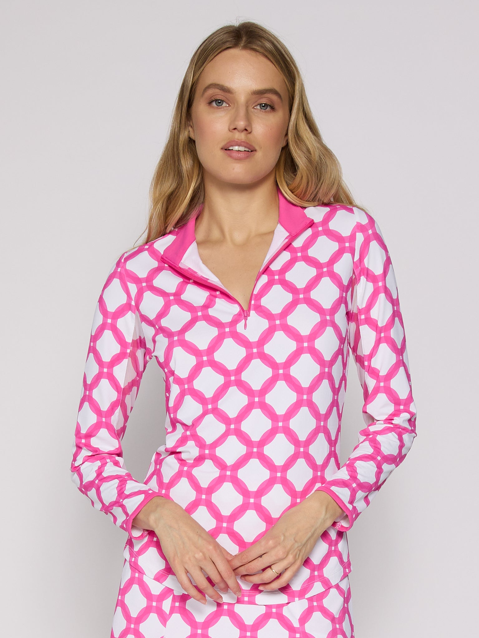 Color Block Trim Quarter Zip Long Sleeve Top In Circle Geo Hot Pink - Image 2