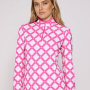 Color Block Trim Quarter Zip Long Sleeve Top In Circle Geo Hot Pink
