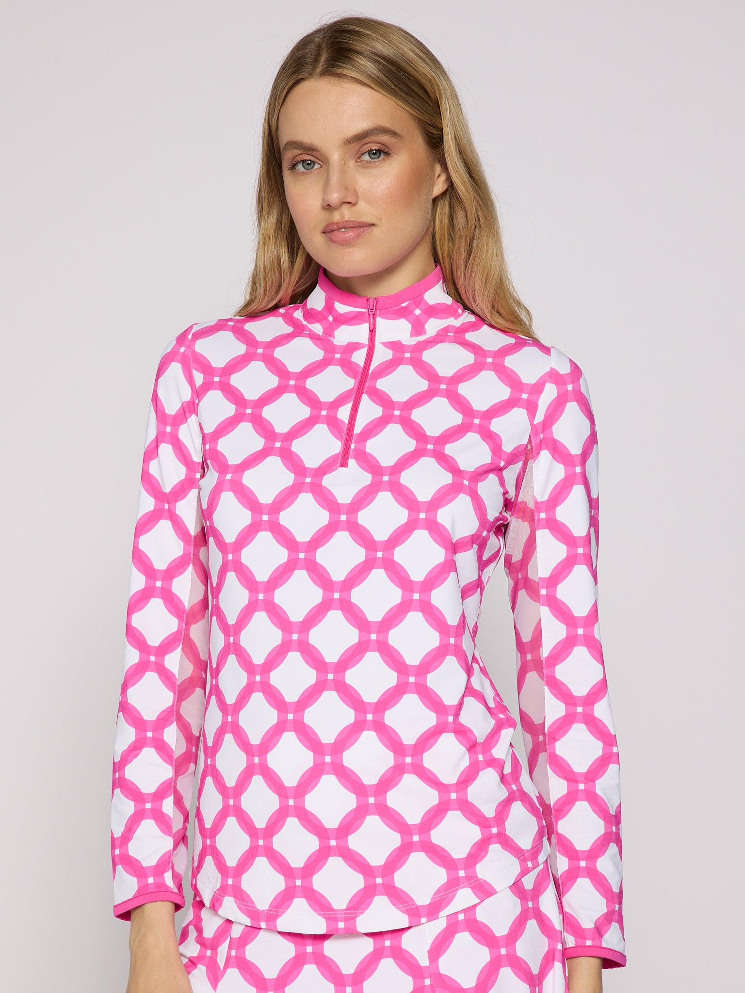 Color Block Trim Quarter Zip Long Sleeve Top In Circle Geo Hot Pink