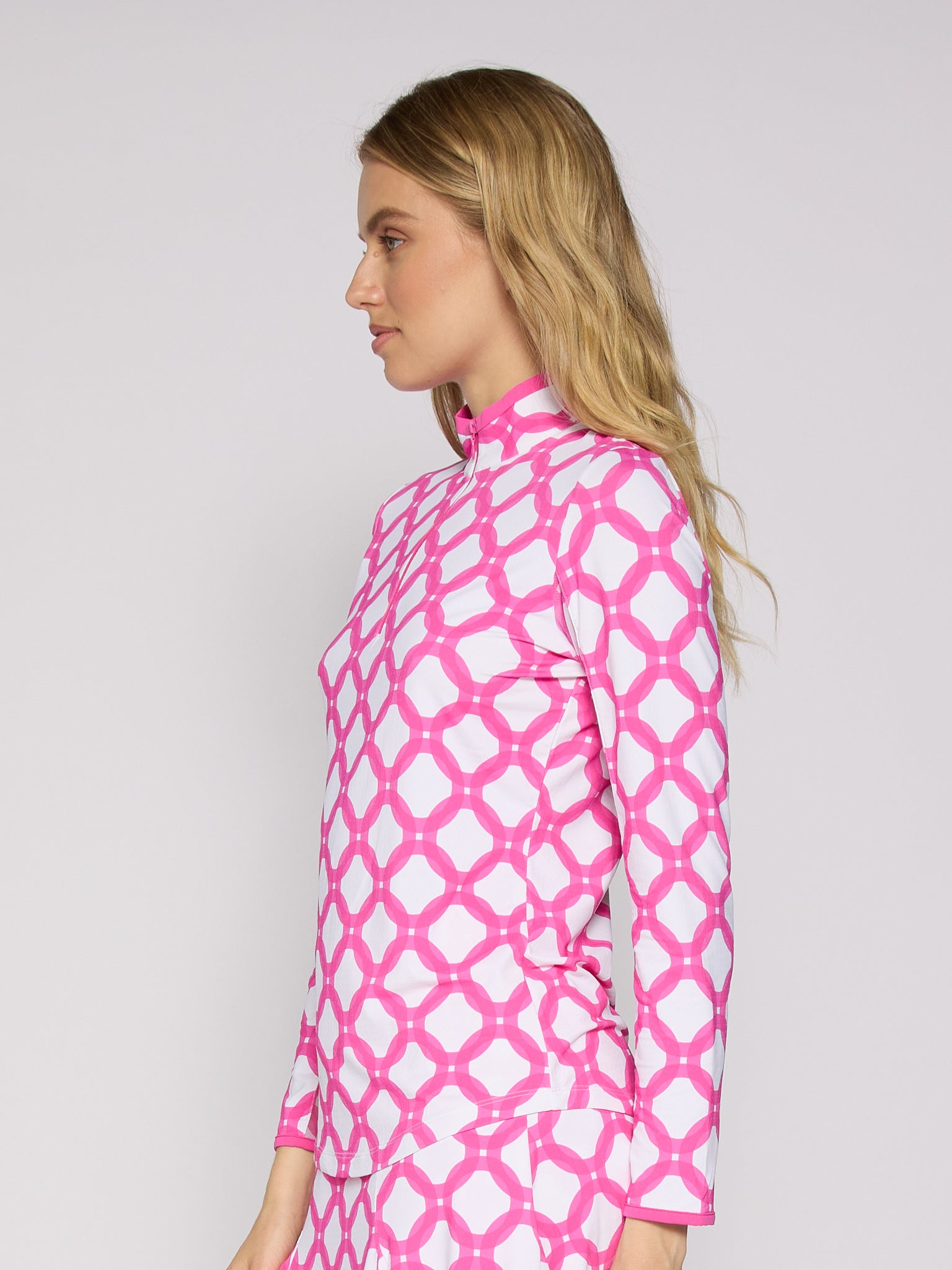 Color Block Trim Quarter Zip Long Sleeve Top In Circle Geo Hot Pink - Image 3