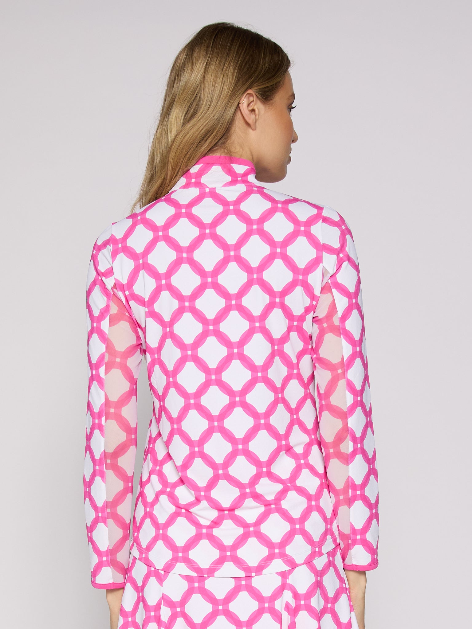 Color Block Trim Quarter Zip Long Sleeve Top In Circle Geo Hot Pink - Image 4