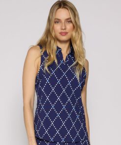 Sleeveless Ruffle Polo Top in Diamond Geo Navy