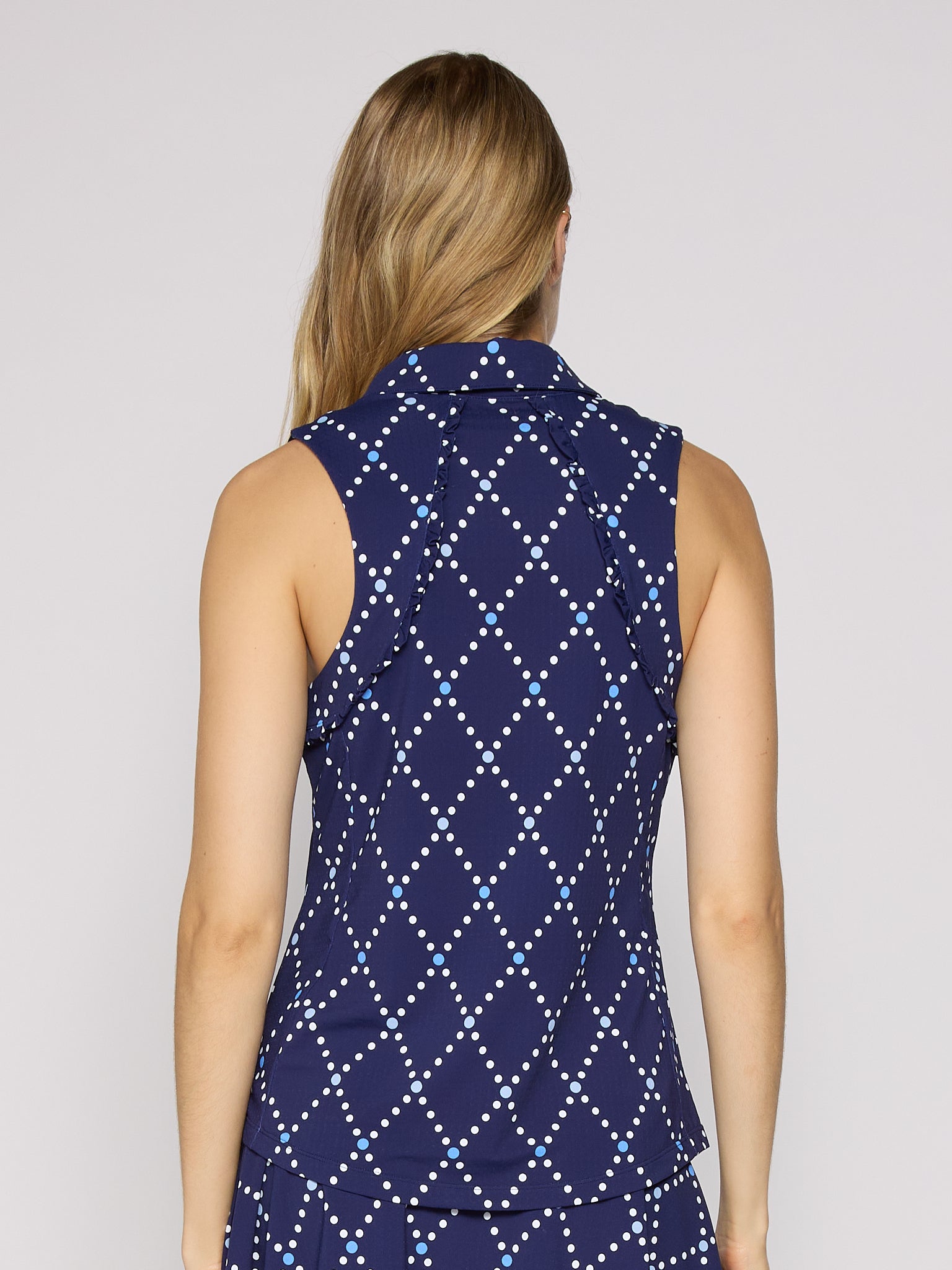 Sleeveless Ruffle Polo Top in Diamond Geo Navy - Image 3