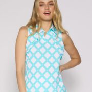 Sleeveless Ruffle Polo Top in Circle Geo Caribbean Turquoise