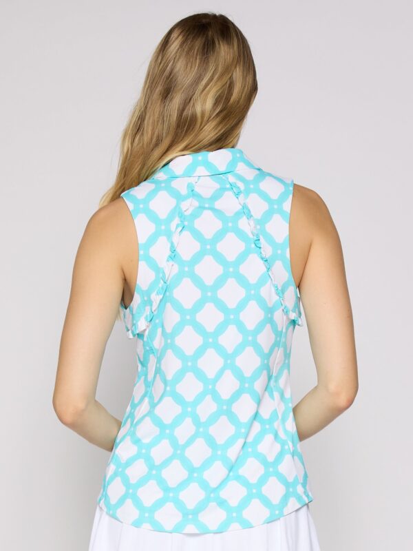 Sleeveless Ruffle Polo Top in Circle Geo Caribbean Turquoise - Image 3
