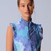 Sleeveless Quarter Zip Ruffle Top in Blue Paisley