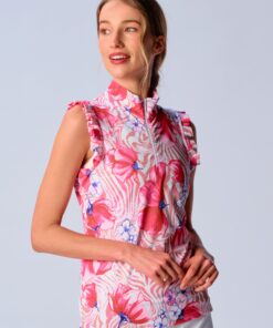 Sleeveless Quarter Zip Ruffle Top in Beige Zebra