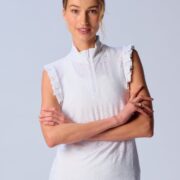 Sleeveless Quarter Zip Ruffle Top in White Eyelet