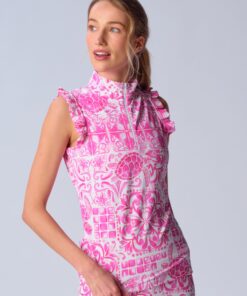 Sleeveless Quarter Zip Ruffle Top in Pink Turtle