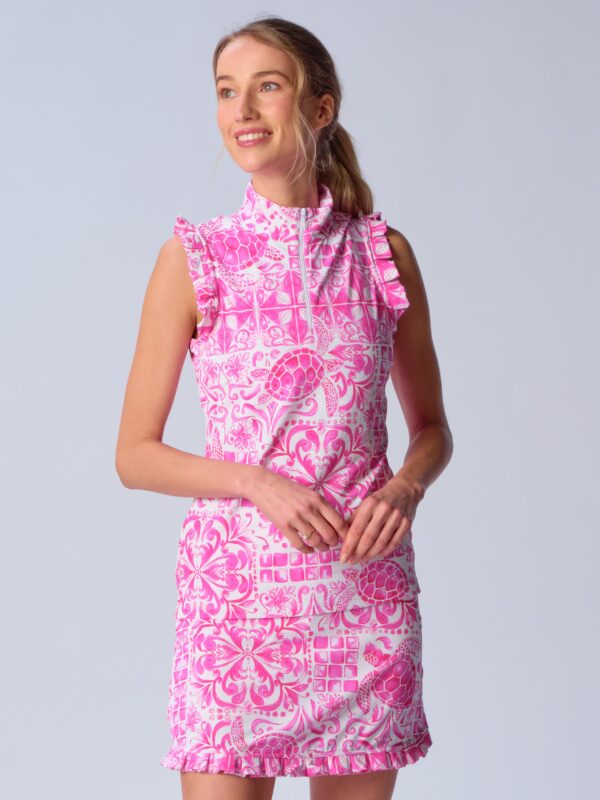 Sleeveless Quarter Zip Ruffle Top in Pink Turtle - Image 2
